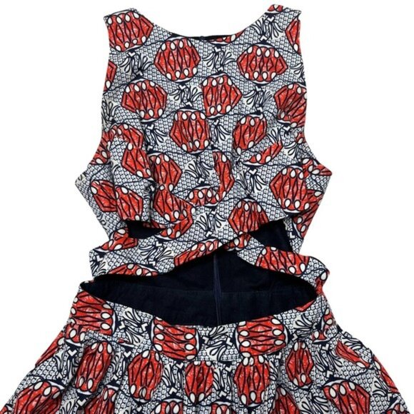Zara Trafaluc Cut Out Mini Dress Red Navy Printed Fit Flair Cross Halter Size XS - Picture 12 of 13